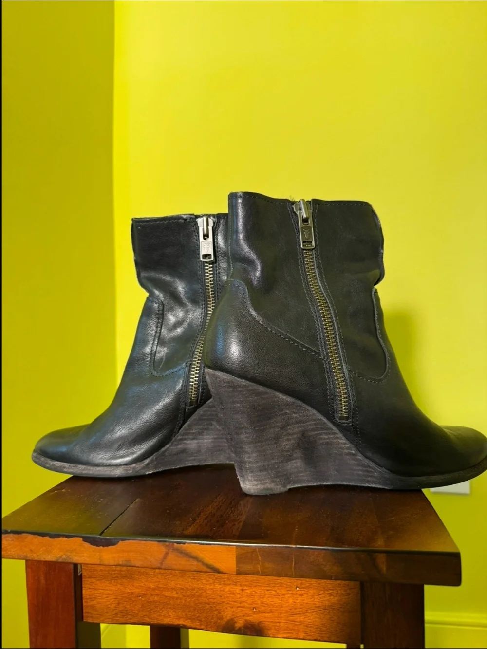 Frye Black Leather Wedge Ankle Boots